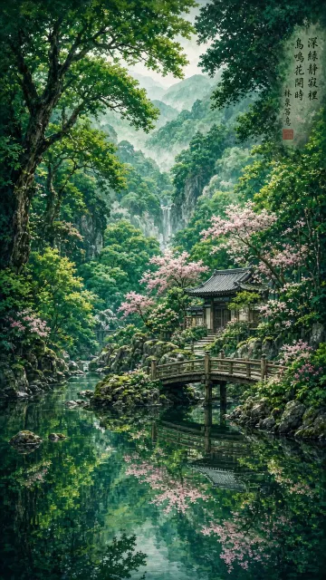Minimalist Art image example: Lyrical Japanese Green Forest Lake Reflection