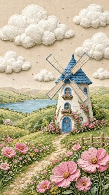 Dreamy image example: Whimsical Spring Countryside Windmill Illustration