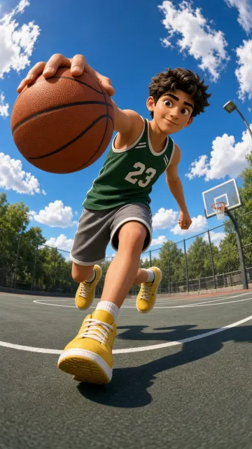 Sports image example: Fisheye 3D Cartoon Teen Basketball Dribble