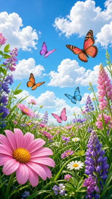 Low-Angle Meadow Blossoms and Butterflies 3D Render