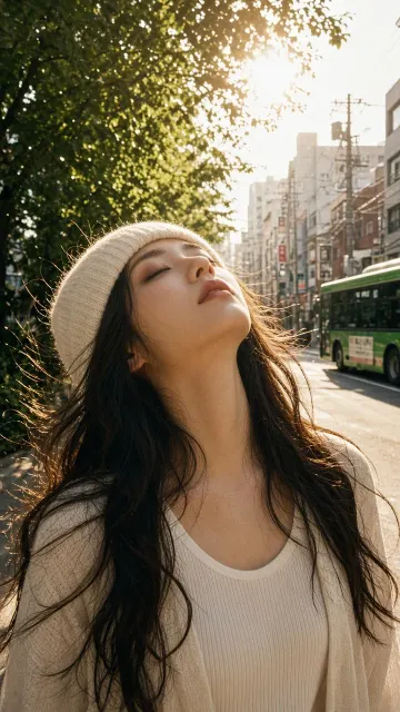 Street Scene image example: Japanese Film Aesthetic Outdoor Portrait in Knit Beanie