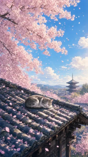 Anime Style Cat on Rooftop Under Blooming Cherry Blossoms