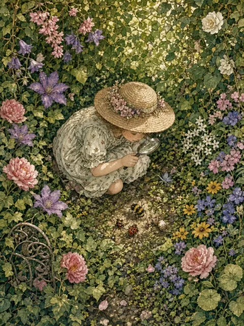 Maximalist Illustration image example: Maximalist Picture Book Illustration of Girl Inspecting Insects