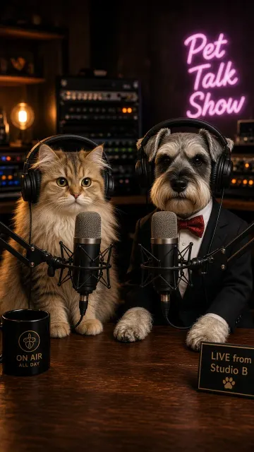 Munchkin Cat and Schnauzer Late-Night Podcast Studio