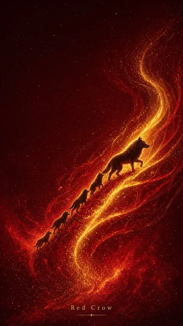 Abstract Golden Red Light Trails with Running Wolves