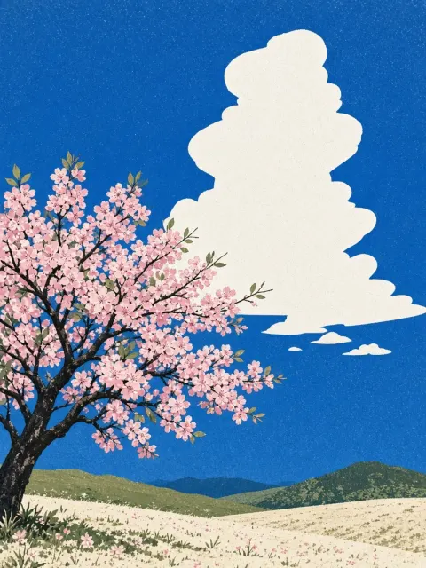 Spring Landscape image example: Retro Screen Print Early Spring Flowering Tree Illustration