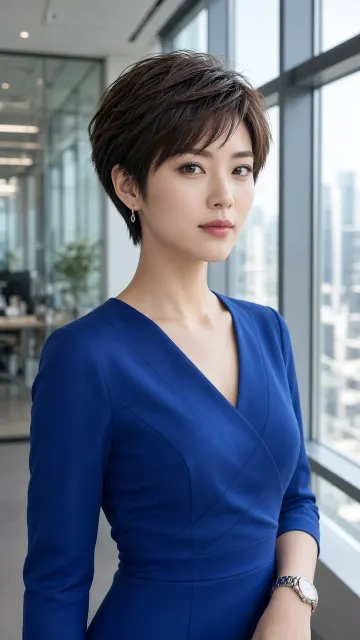 Metallic Accents image example: Modern Businesswoman in Blue Dress Office Portrait