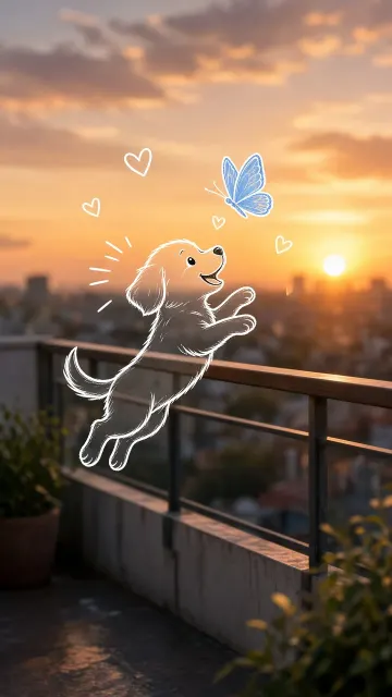 Line Art Puppy Chasing Butterfly at Sunset