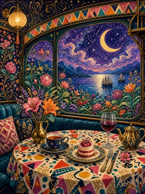 Vintage Train image example: Vintage Night Train and Fantasy Garden Illustration