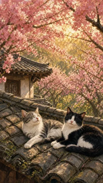 Oil Painting of Resting Cats on Rooftop Amid Peach Blossoms
