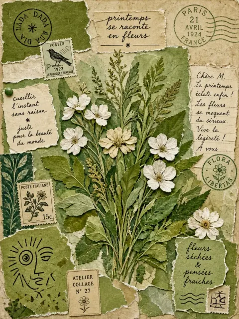 Hand-Drawn Dadaist Spring Floral Mixed Media Collage
