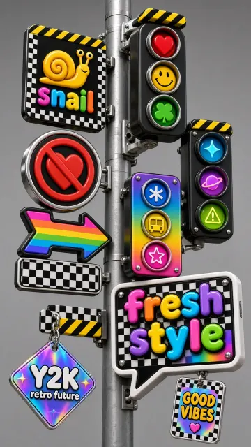 Retro Futuristic image example: Y2K 3D Street Signs and Traffic Lights Poster