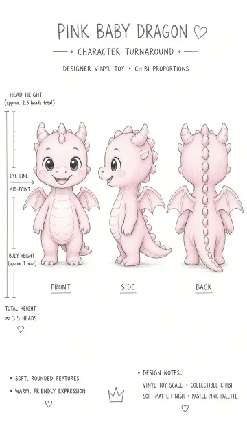 Draft Sketch image example: Pink Anthropomorphic Dragon Three-View Character Sketch