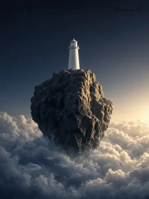 Surreal Floating Monolith Lighthouse Commercial Poster