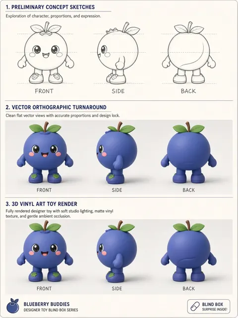 Character Design image example: Blueberry Blind Box Character Turnaround Model Sheet