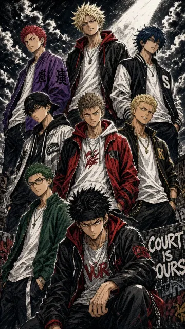 Manga Art image example: Dynamic Basketball Team Manga Ensemble Illustration