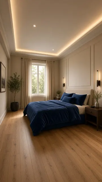 Bedroom Interior Remodel with Blue Velvet Bedding