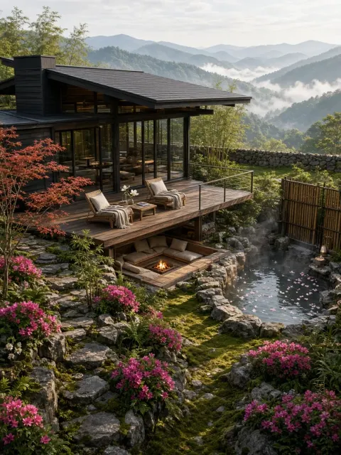 Neon Lighting Effects image example: Spring Mountain Japanese Tea House Resort Landscape
