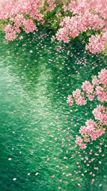 Aerial Watercolor Emerald Lake and Pink Flowers