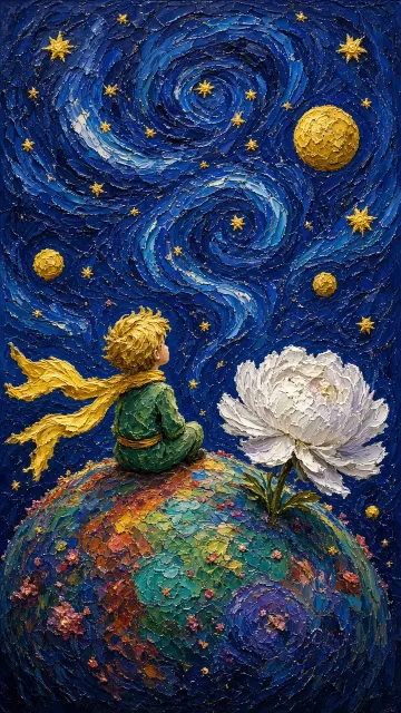 Storybook image example: Impasto Oil Painting Little Prince Cosmic Landscape