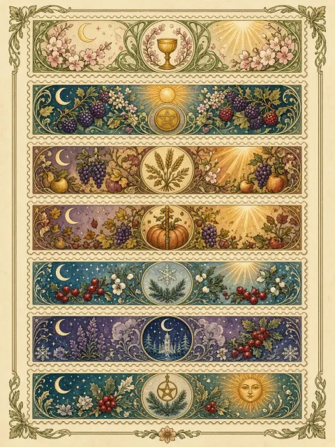 Art Nouveau Four Seasons Stamp Vignette Illustration