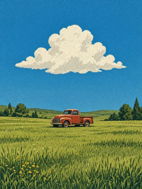 Vintage Vehicle image example: Retro Flat Silkscreen Pickup Truck Under Blue Sky Illustration