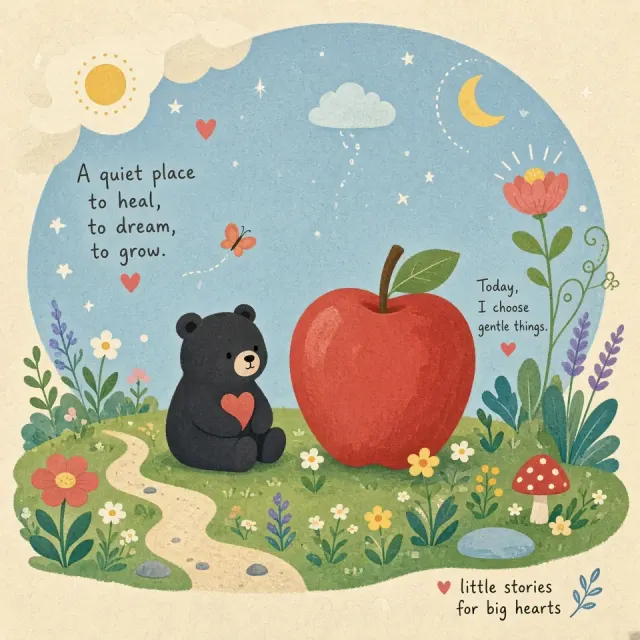 Minimalist Whimsical Black Bear in Apple Dream Garden Illustration