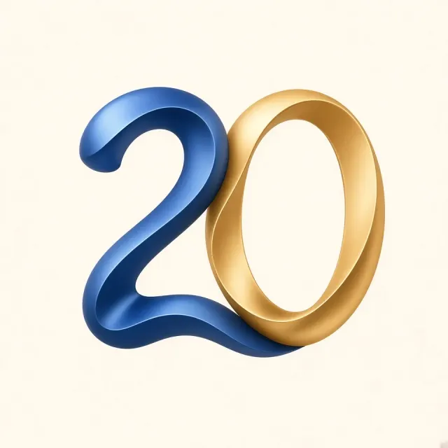 Anniversary Logo image example: Blue and Gold Gradient Anniversary Number Twenty Visual Identity