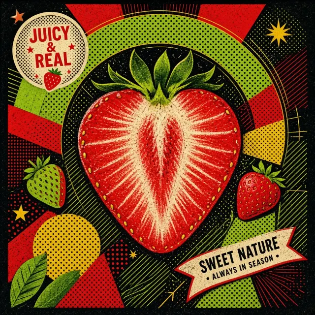 Fruit Art image example: Halftone Silkscreen Strawberry Cross-Section Maximalist Poster