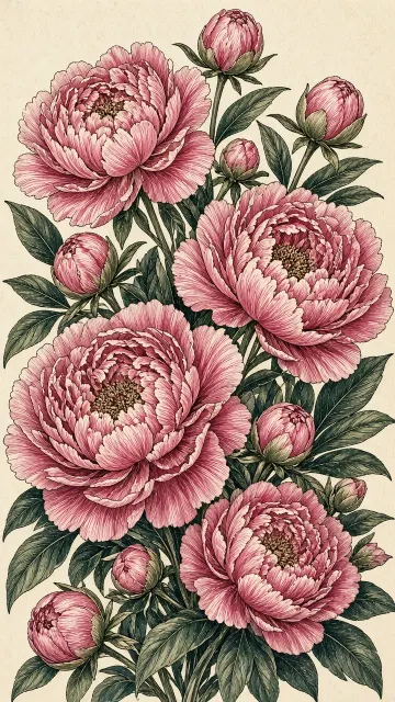 Pattern image example: Intricate Striped Pink Peonies Pen Illustration