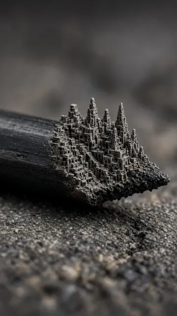 Extreme Close-Up image example: Charred Pencil Carved Micro City Macro Photo