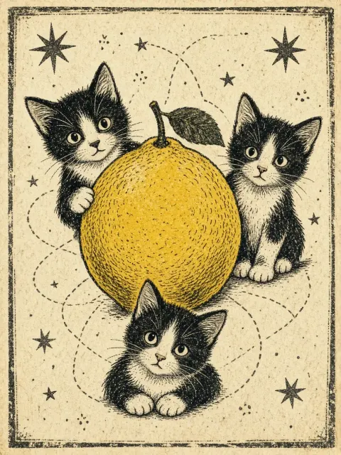 Vintage Color Printmaking Lemon and Kittens Illustration