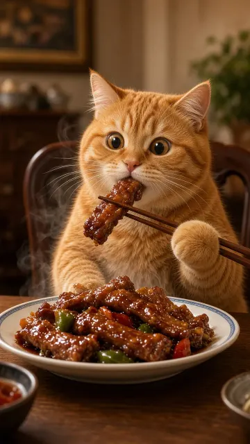 Anthropomorphic image example: Chubby Orange Cat Enjoying Sweet and Sour Ribs