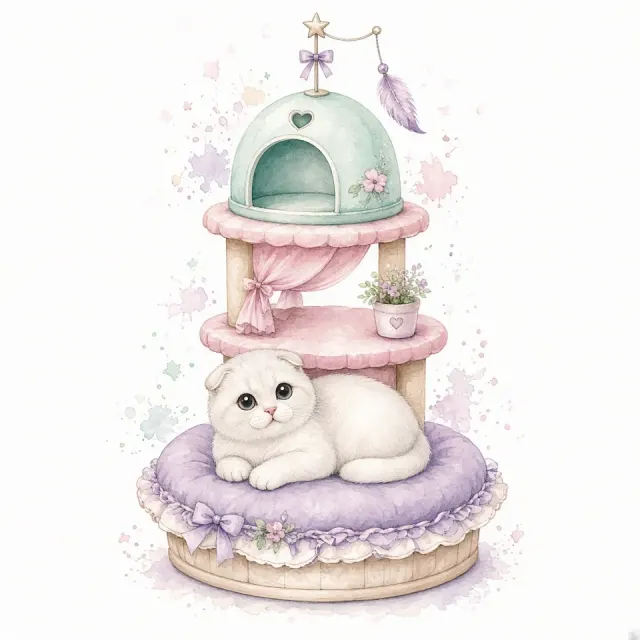 Watercolor Chibi Cat Tower with Scottish Fold