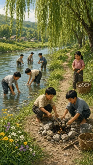 1980s Aesthetic image example: Nostalgic 1980s Countryside Children Catching Fish