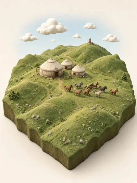 Stylized 3D Grassland Yurt Miniature Landscape