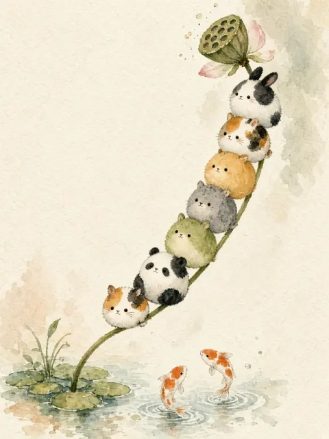 Japanese Watercolor Dumpling Bunnies and Lotus