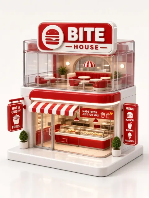 Chibi Storefront image example: Chibi Glossy Glass Fast Food Storefront 3D Illustration