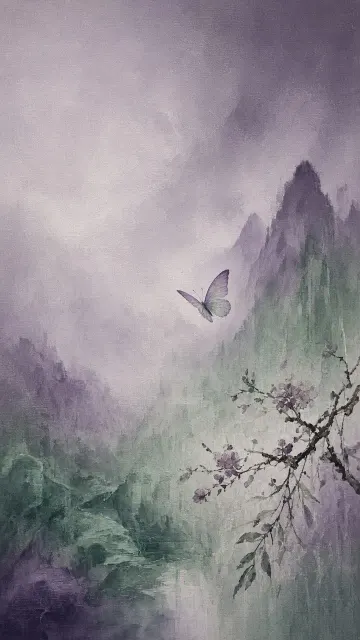 Eastern Aesthetic image example: Minimalist Eastern Expressive Painting in Purple and Green
