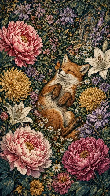 Asymmetrical Composition image example: Sleeping Fox in Floral Meadow Illustration