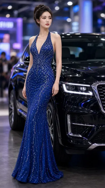 High-End Fashion image example: Auto Show Asian Model in Crystal Gown