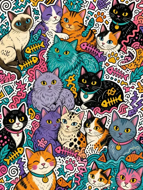 Pattern Design image example: Dense Cartoon Doodle Cats Pattern Art