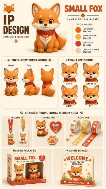 Pastel Morandi image example: 3D Cute Chibi Fox Mascot IP Brand Identity Sheet