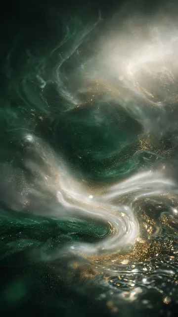 geometric abstract image example: Abstract Flowing Light Art in Green and White-Gold