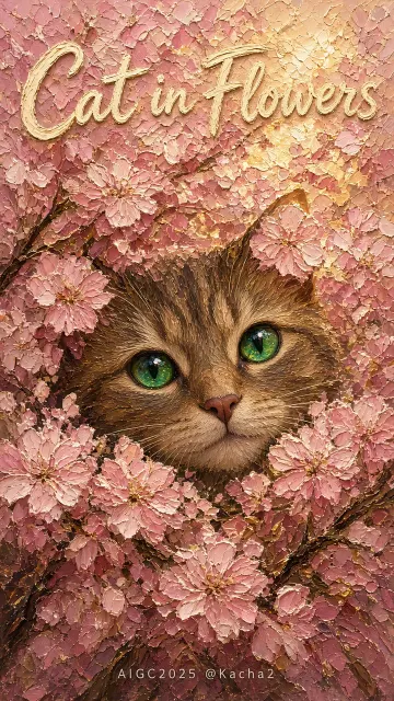 Center Symmetry image example: Impasto Brown Cat in Cherry Blossom Forest