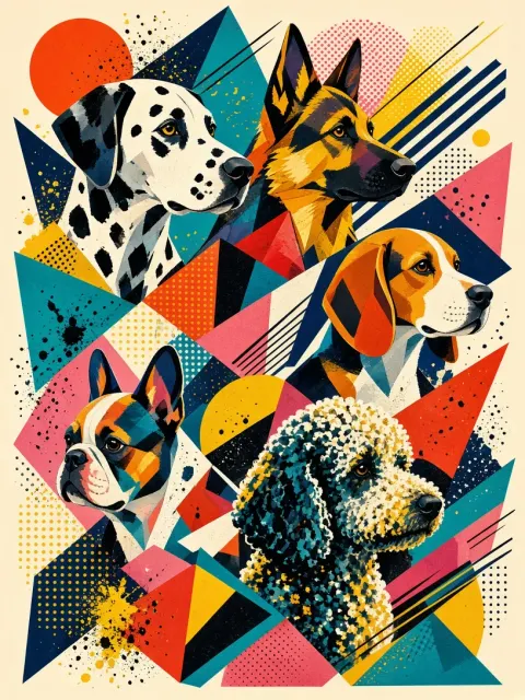 geometric abstract image example: Abstract Deconstructed Colorful Dog Vector Art