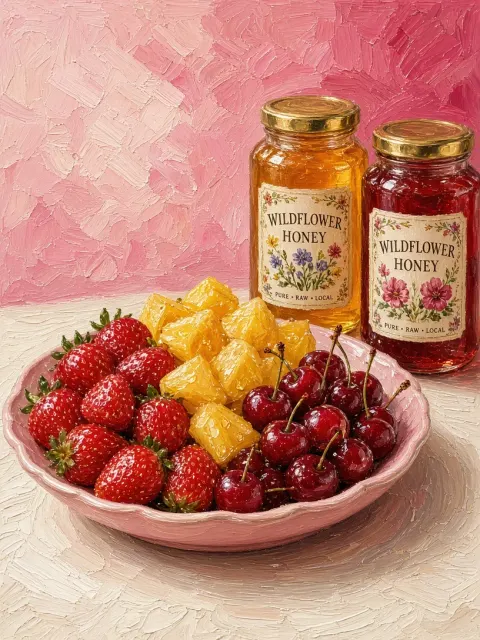 Glass Texture image example: Impressionist Oil Painting of Fresh Berries and Honey