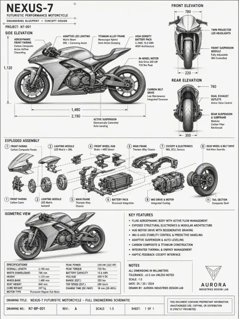 Industrial Design image example: Technical Engineering Blueprint of Futuristic Motorcycle