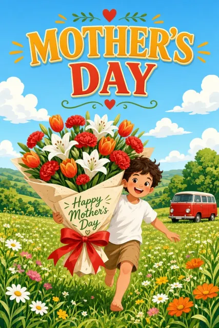Mother's Day image example: Mother's Day Celebration Boy with Bouquet Poster