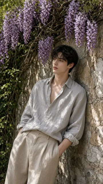 Casual Snapshot image example: Portrait of Young Man Beside Wisteria Wall